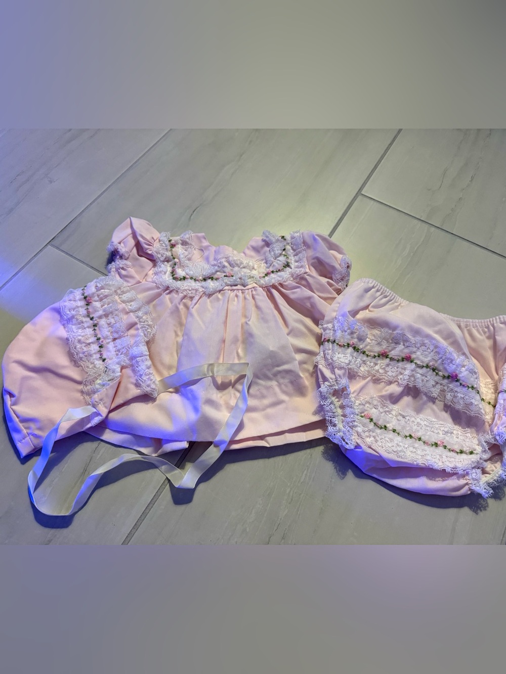 Vintage 90’s Alexis Baby Dress Pink Lace Handi-Panti Diaper Cover  & Bonnet 9M